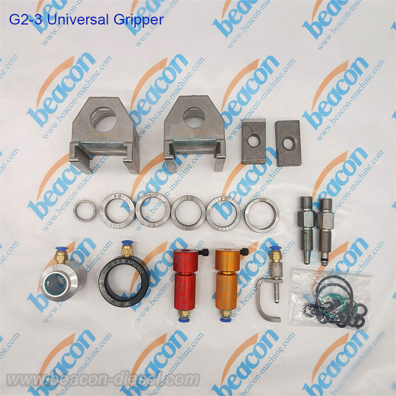 G2-3 universal common rail injector clamping tool kit in a blue case with various adapters.