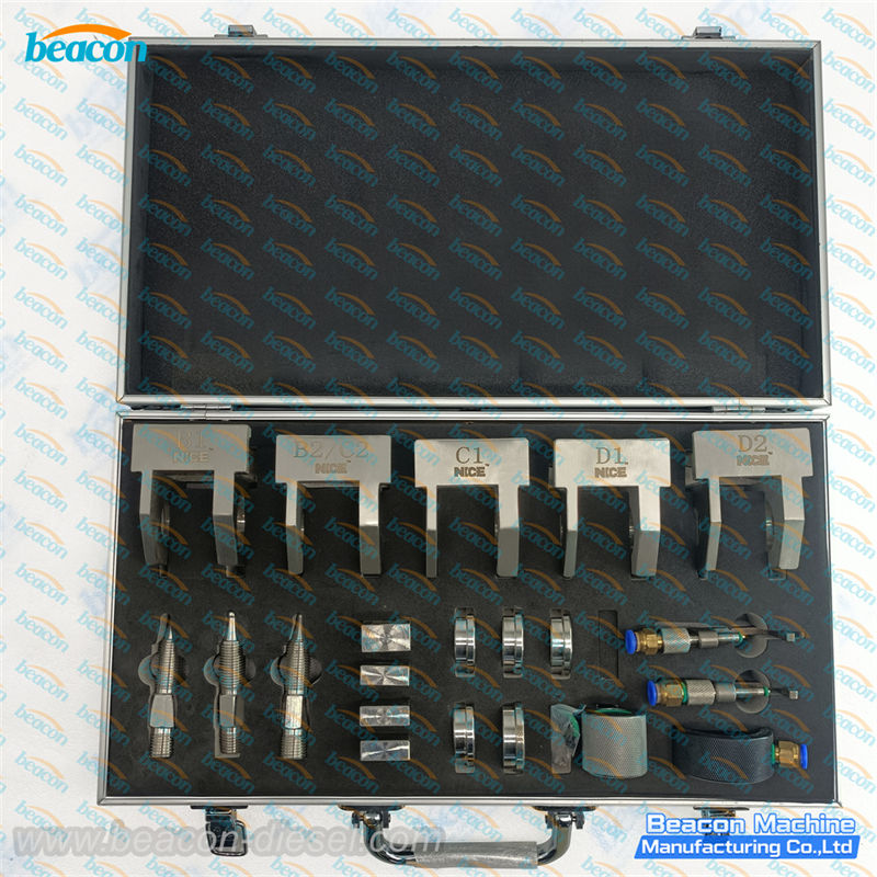Universal Common Rail Injector Clamping Tool Kit Packing List and Specification Table.