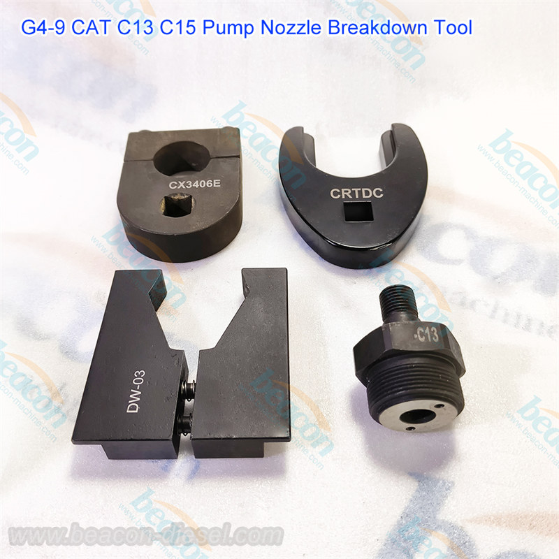 Model G4-9 disassembly fixture and testing adapter tool kit for Caterpillar C13 and C15 pump injectors.