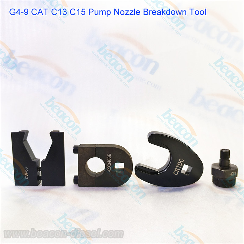 Model G4-9 disassembly fixture and testing adapter tool kit for Caterpillar C13 and C15 pump injectors.