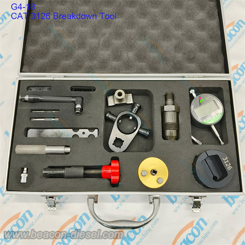 G4-18 CAT 3126 injector breakdown tool kit with digital dial indicator in silver case